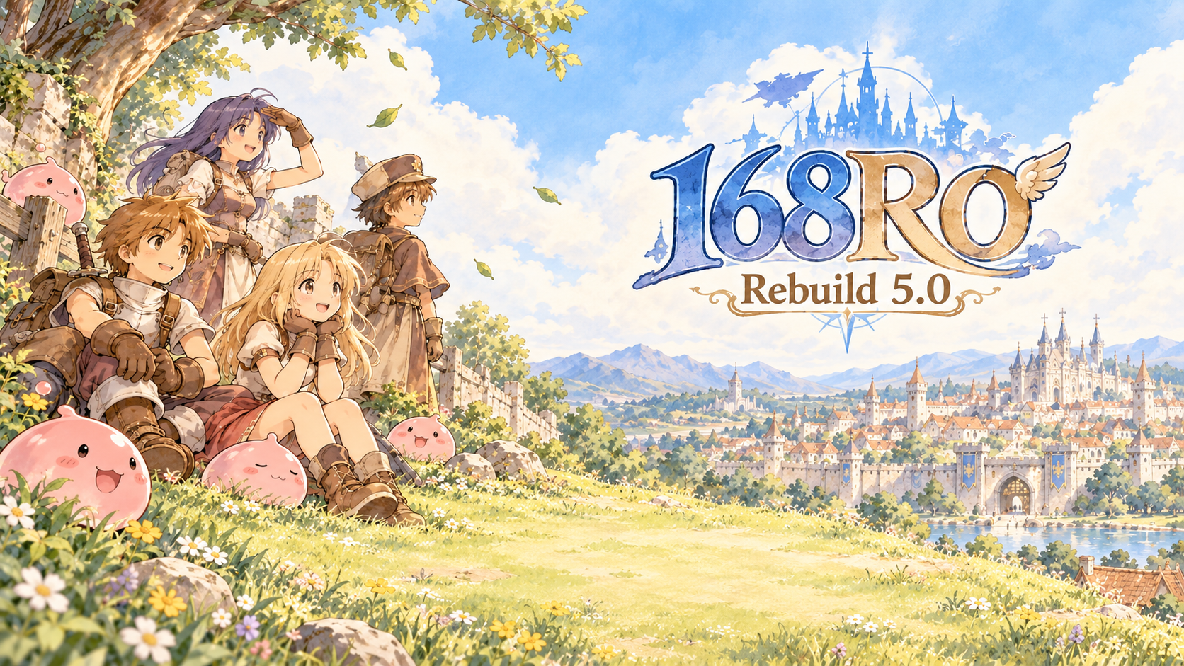 เหล่านักผจญภัยและ Poring ใต้ต้นไม้ มองไปยังเมือง Prontera ในภาพสีน้ำ 168RO Rebuild 5.0